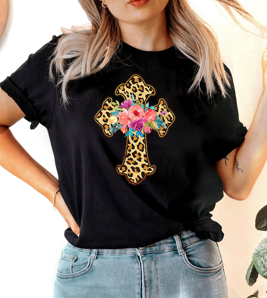 Leopard Print Easter Cross - Easter Cute Religious God Jesus Cross T-Shirt