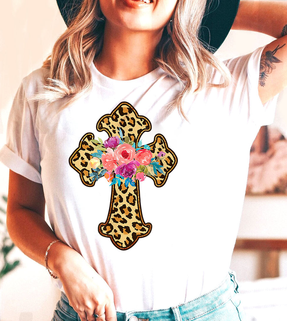 Leopard Print Easter Cross - Easter Cute Religious God Jesus Cross T-Shirt