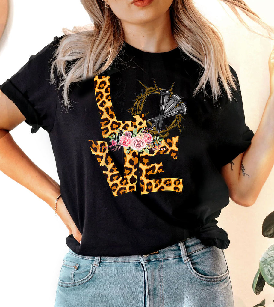 Love Crown Flowers - Easter Cute Leopard Print Love Religious God Jesus Cross T-Shirt