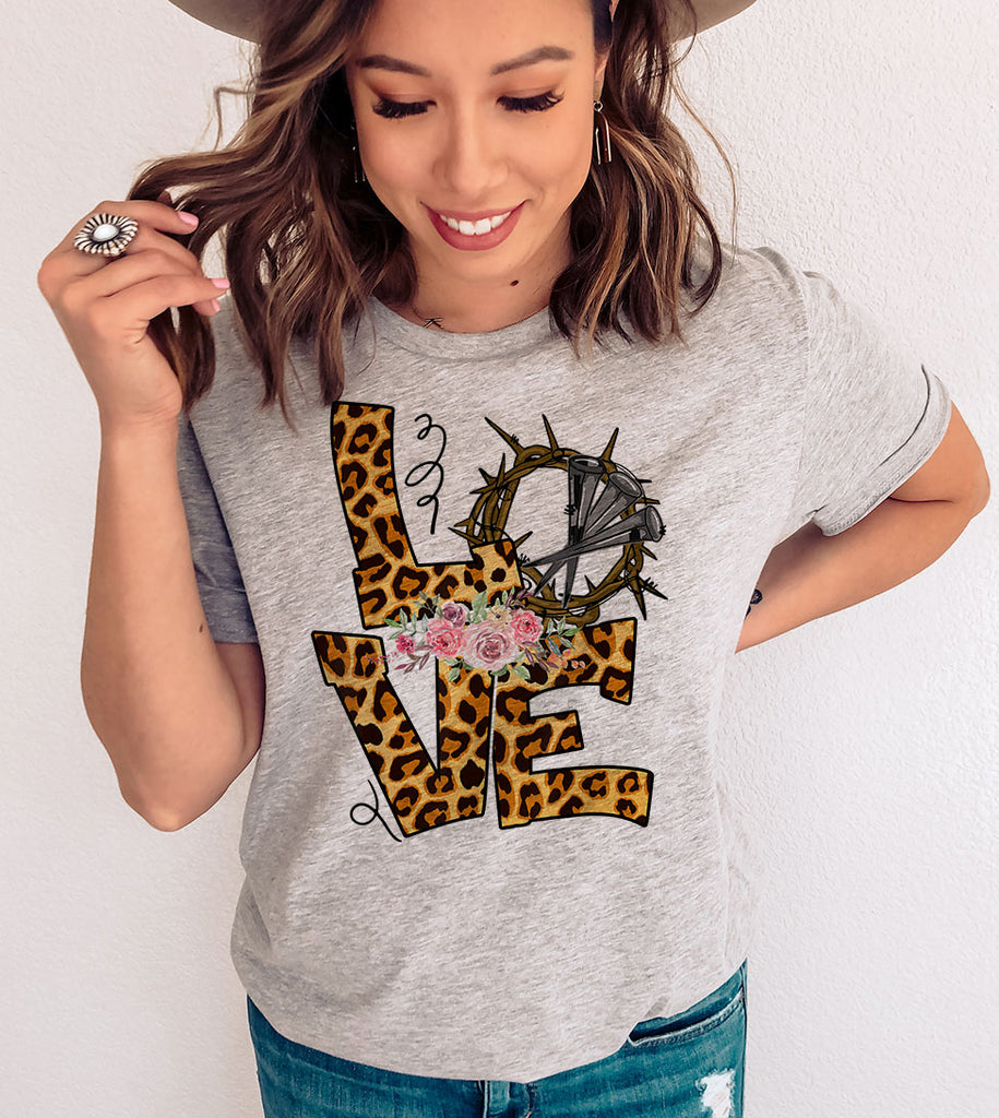 Love Crown Flowers - Easter Cute Leopard Print Love Religious God Jesus Cross T-Shirt