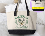 "Gardening Social Club" design on a natural canvas zippered tote bag