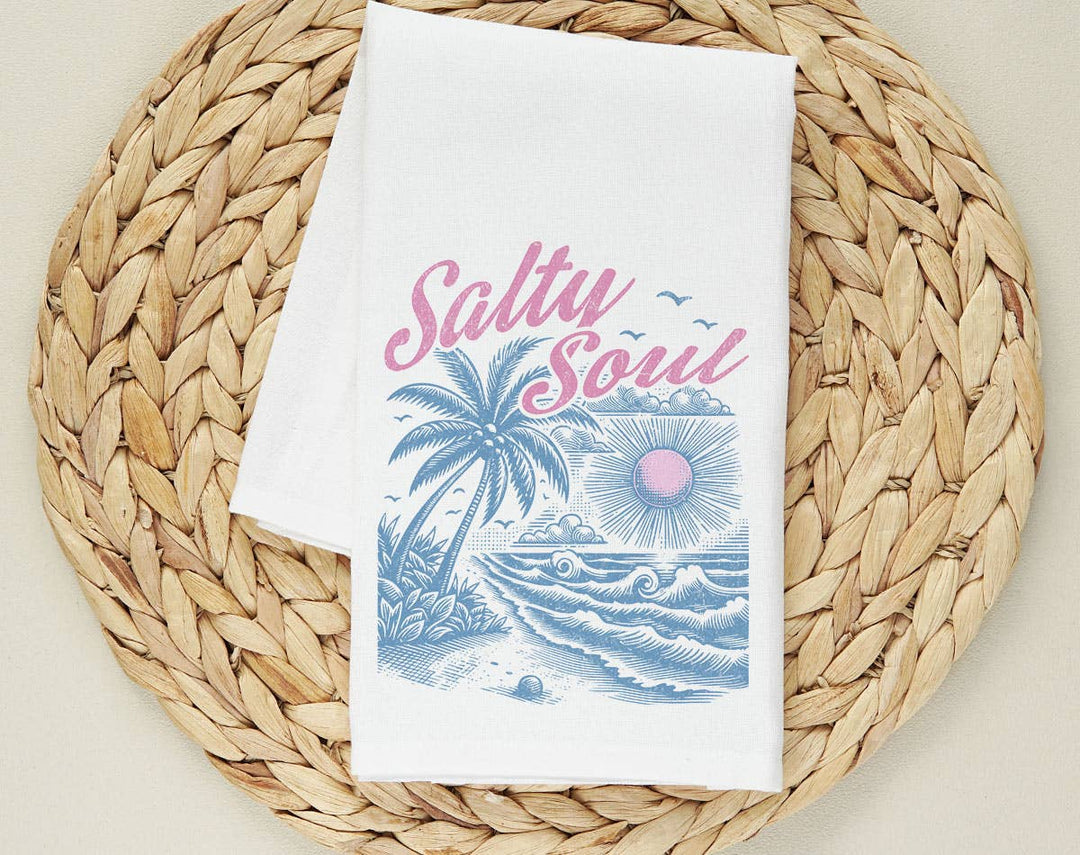 "Salty Soul Palm Tree" design on a white 28 x 28 inch flour sack tea towel