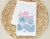 "Salty Soul Palm Tree" design on a white 28 x 28 inch flour sack tea towel