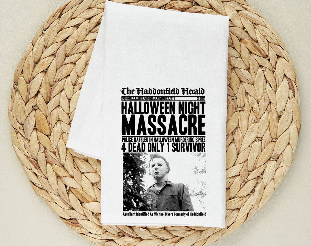 "Halloween Night Massacre" design on a white 28 x 28 inch flour sack tea towel