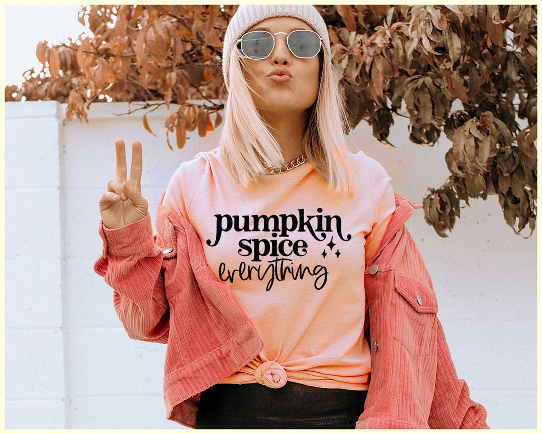 "Pumpkin Spice Everything" design on a peach unisex t-shirt