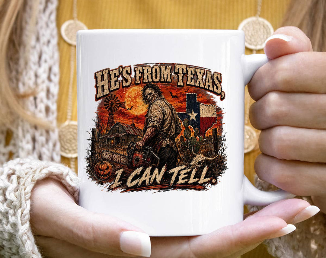 "He's From Texas I Can Tell" Halloween design on a white coffee mug