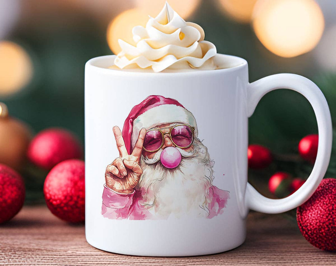 "Santa Claus Peace Bubble Gum" Christmas design on a white coffee mug