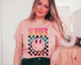 "Summer Babe Smiley" design on a peach unisex t-shirt