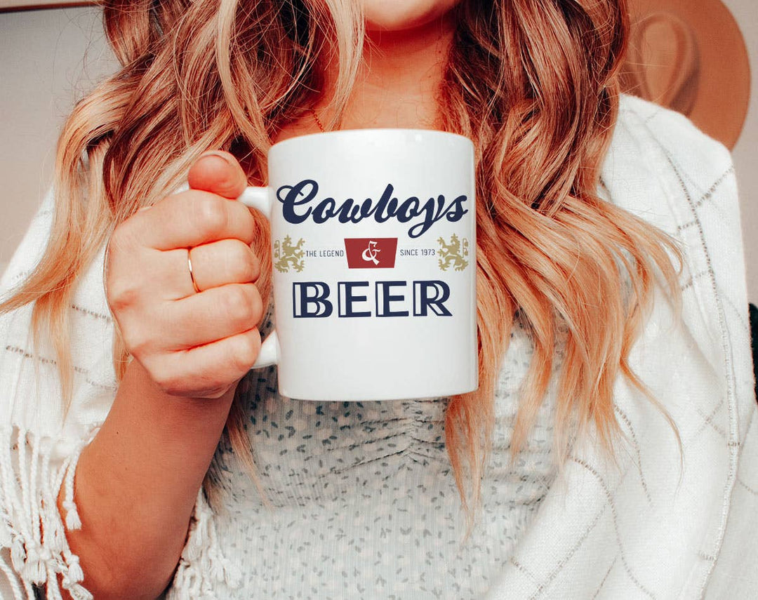 "Cowboys And Beer" design on a white ceramic coffee mug