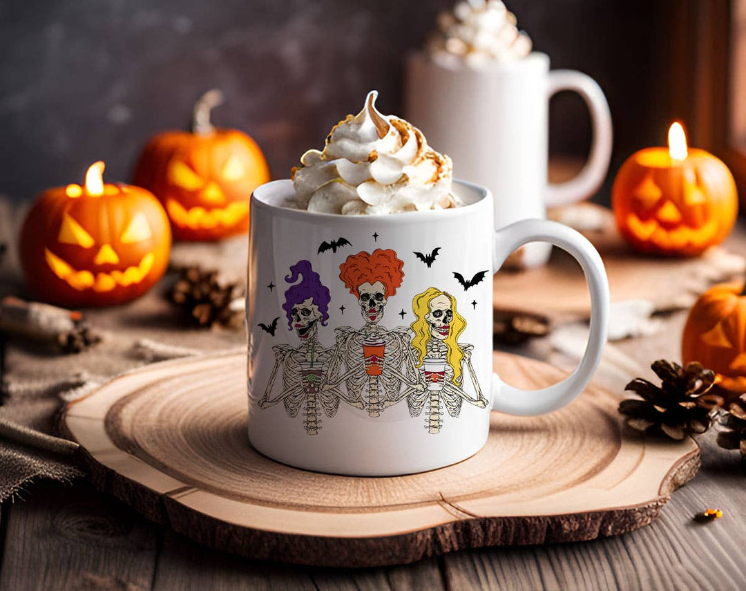 "Hocus Pocus Coffee Skeletons" Halloween design on a white coffee mug