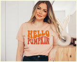 "Hello Pumpkin" design on a peach unisex t-shirt