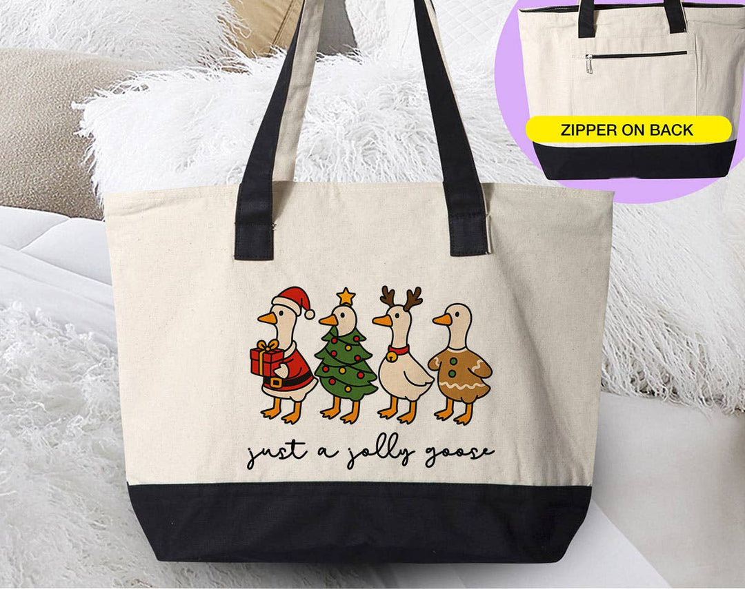 "Just A Jolly Goose Christmas Tis The Season" design on a natural canvas zippered tote bag