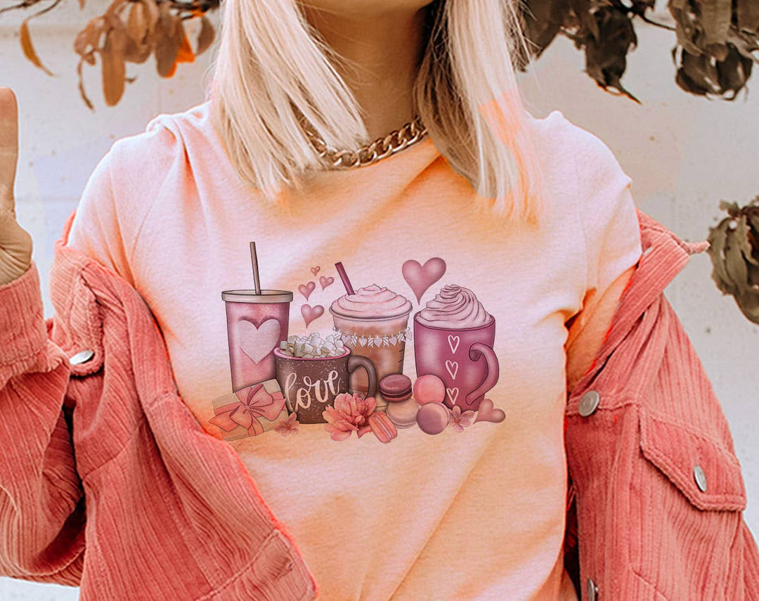 "Valentine Coffee Love Hearts" design on a peach unisex t-shirt