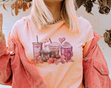 "Valentine Coffee Love Hearts" design on a peach unisex t-shirt