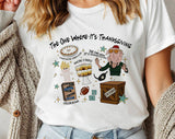 "The One Where It's Thanksgiving" design on a white unisex t-shirt