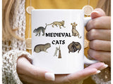 "Medieval Cats" design on a white ceramic coffee mug