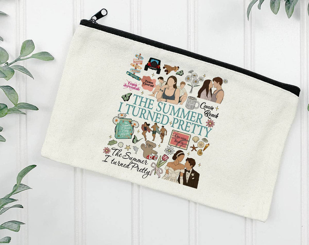"The Summer I Turned Pretty Collage" design on a natural canvas zipper makeup bag