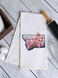 "Montana State Flower Bitterroot" design on a white 28 x 28 inch flour sack tea towel