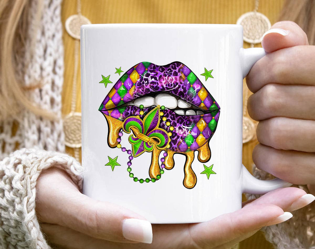 "Mardi Gras Lips Beads Stars" design on a white ceramic coffee mug
