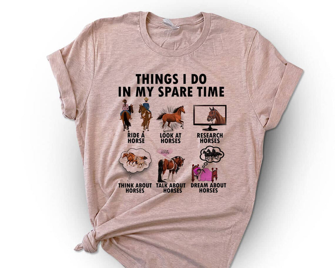 "Things I Do In My Spare Time Horse" design on a peach unisex t-shirt