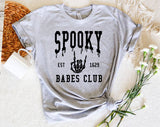 "Spooky Babes Club" design on a heather gray unisex t-shirt