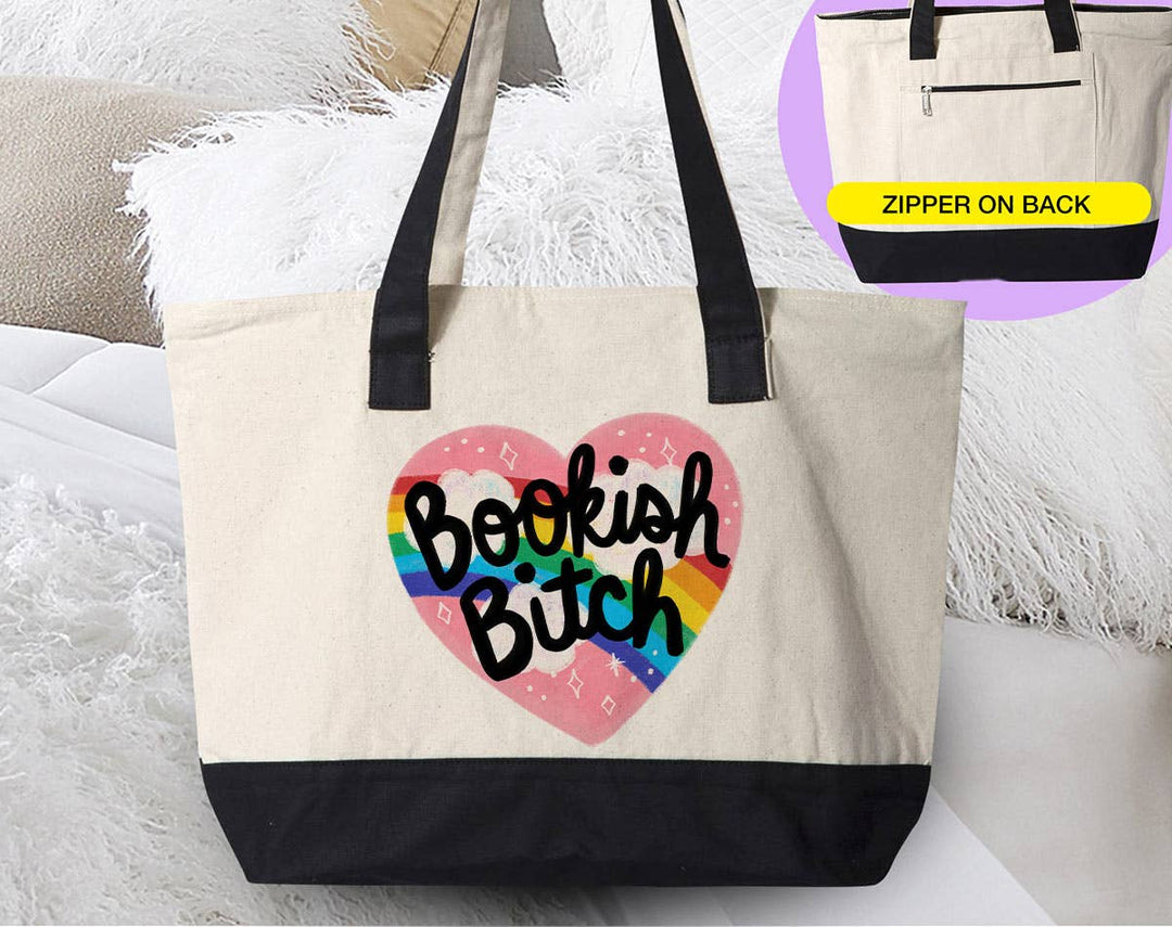 "Bookish Bitch" design on a natural canvas zippered tote bag