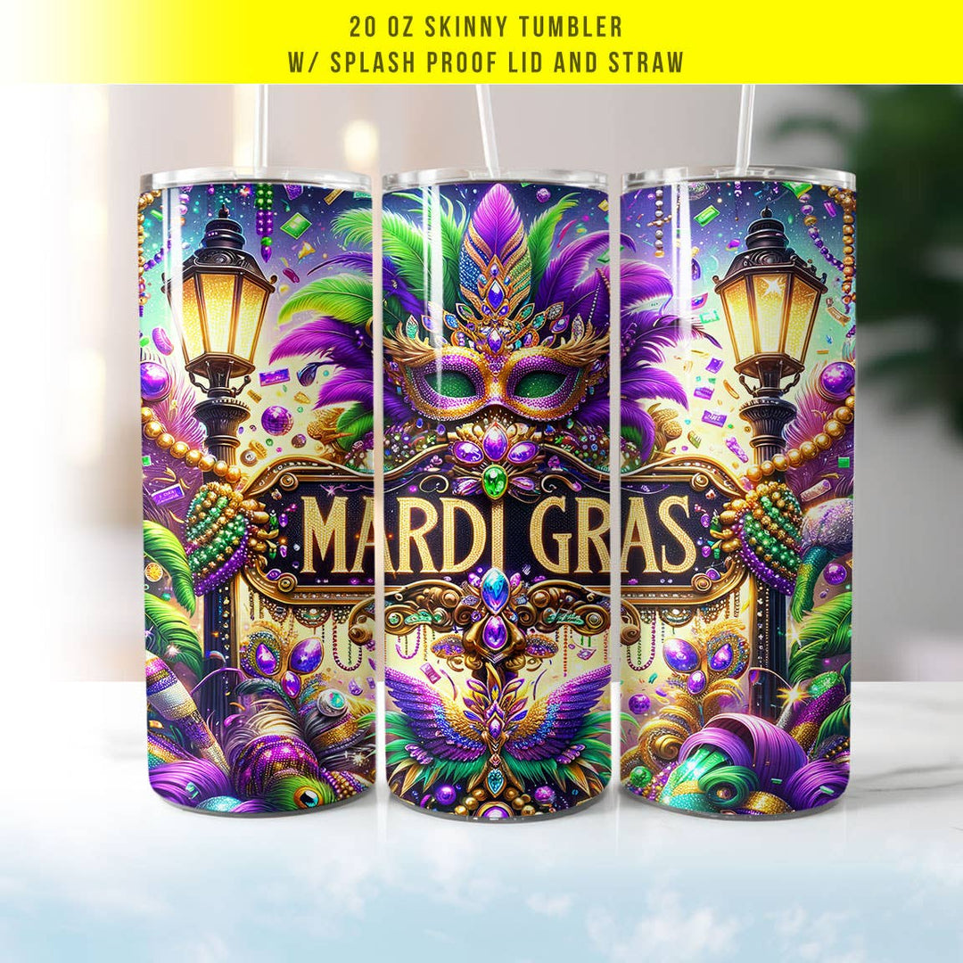 "Mardi Gras Mask" design on a 20 oz skinny tumbler with lid and straw