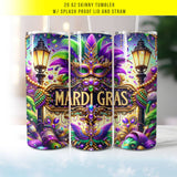 "Mardi Gras Mask" design on a 20 oz skinny tumbler with lid and straw