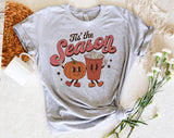 "Tis The Season Pumpkin Spice Latte" design on a heather gray unisex t-shirt