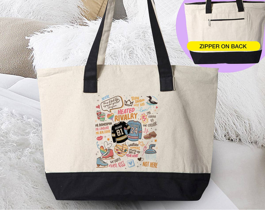 "Heated Rivalry Inspired Collage" design on a natural canvas zippered tote bag