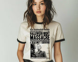 "Halloween Night Massacre" design on a natural ringer t-shirt with black contrast trim