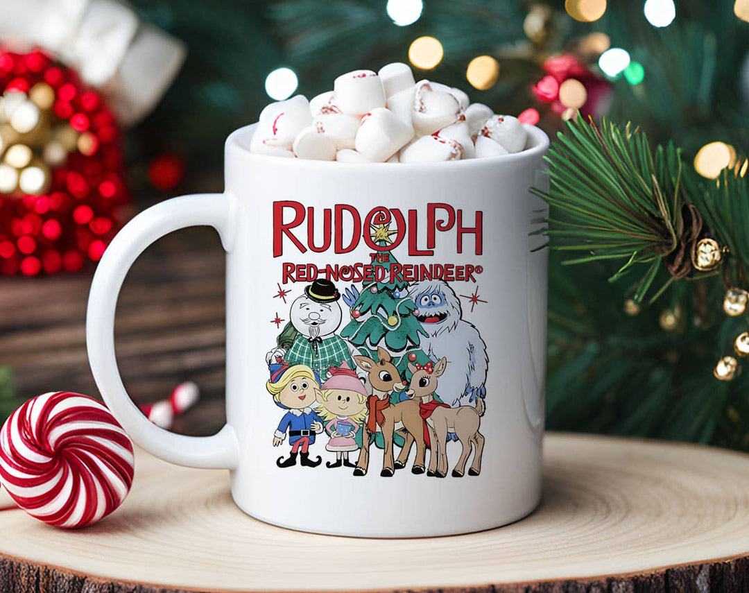 "Rudolph Frosty Snowman Santa" Christmas design on a white coffee mug