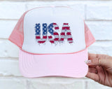 USA Faux Patchwork American Flag 4th of July Trucker Hat, Snapback Mesh Cap