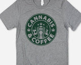 "Cannabis And Coffee" design on a heather gray unisex t-shirt