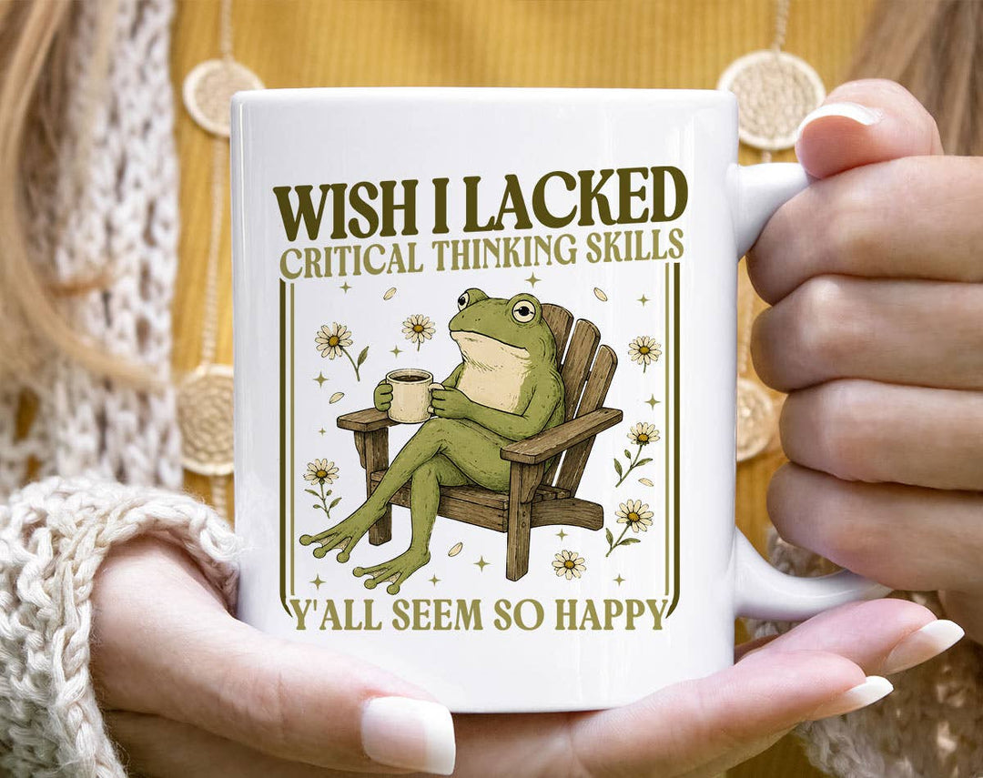 "Wish I Lacked Critical Thinking" design on a white ceramic coffee mug
