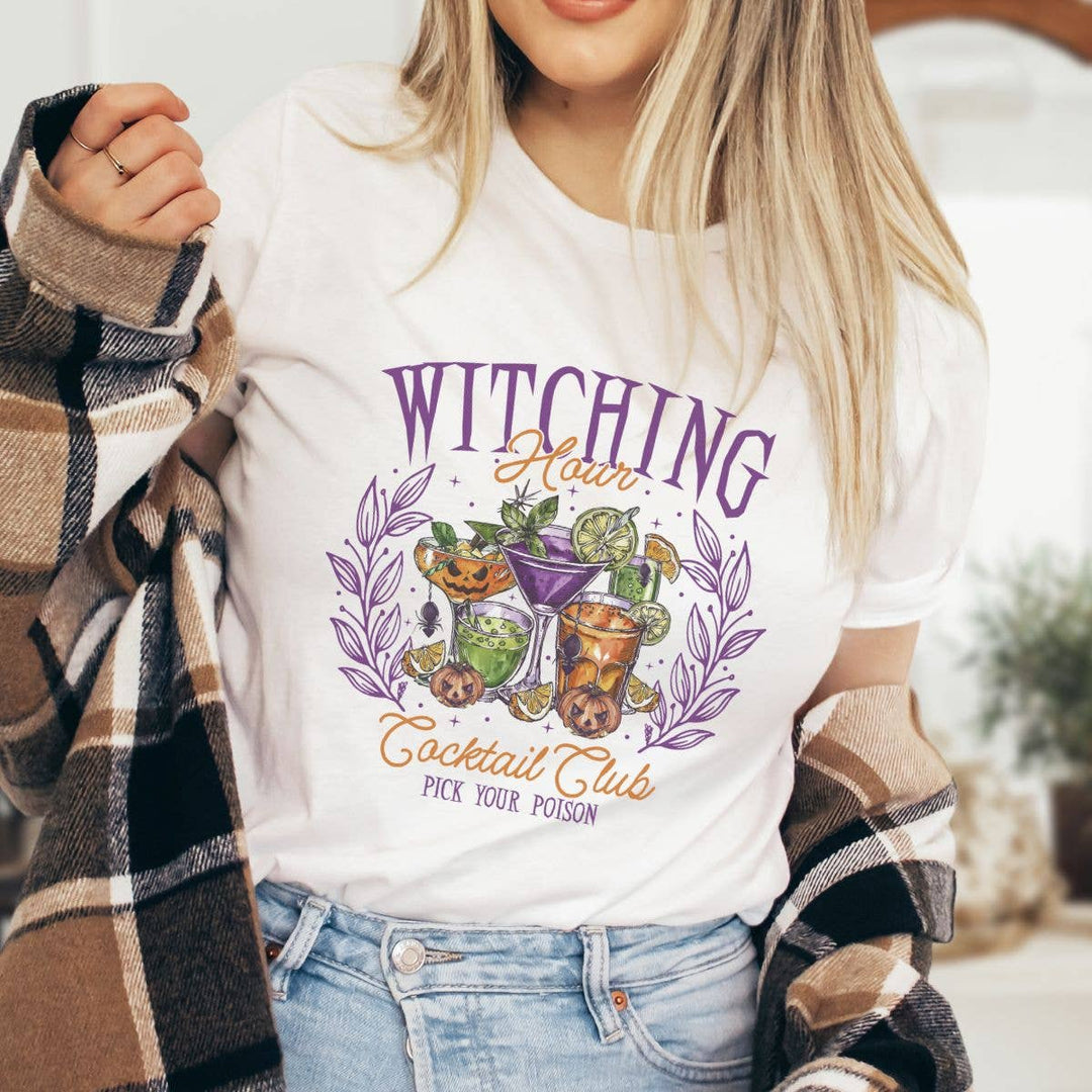 "Witching Hour Cocktail Club" design on a unisex t-shirt