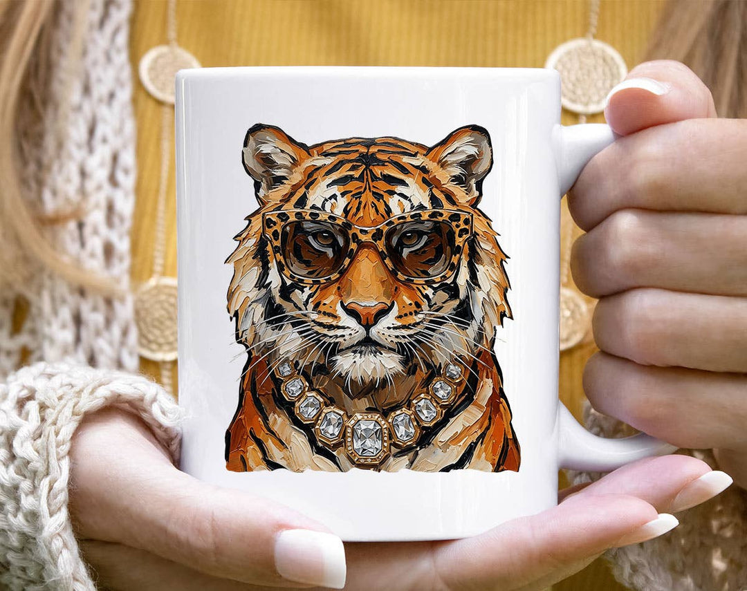 "Glam Tiger Preppy Boujee Leopard Animal Bling" design on a white ceramic coffee mug