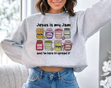 "Jesus Is My Jam Cute Christian Faith Pray" design on an ash gray unisex crewneck sweatshirt