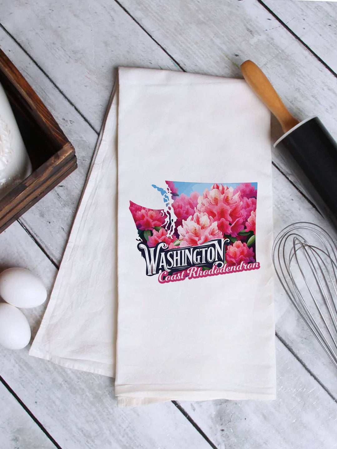 "Washington State Flower Rhododendron" design on a white 28 x 28 inch flour sack tea towel