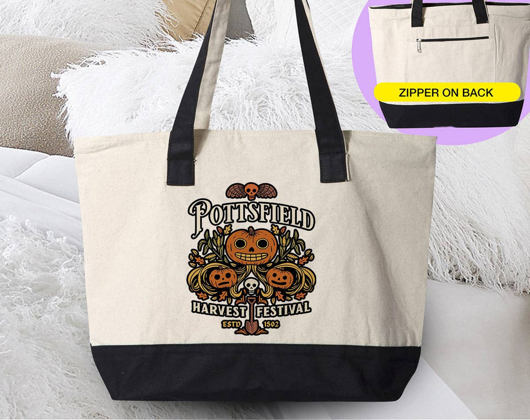 "Pottsfield Harvest Festival" design on a natural canvas zippered tote bag