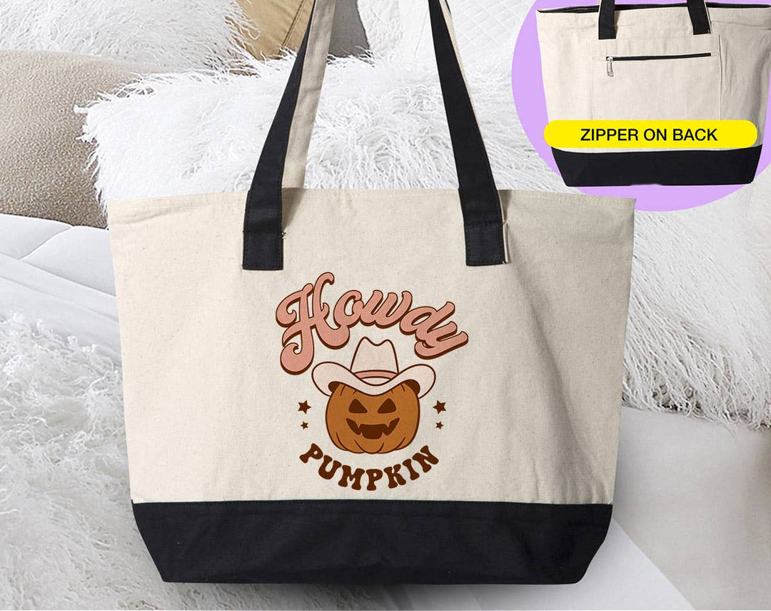 "Howdy Pumpkin Cowboy" design on a natural canvas zippered tote bag
