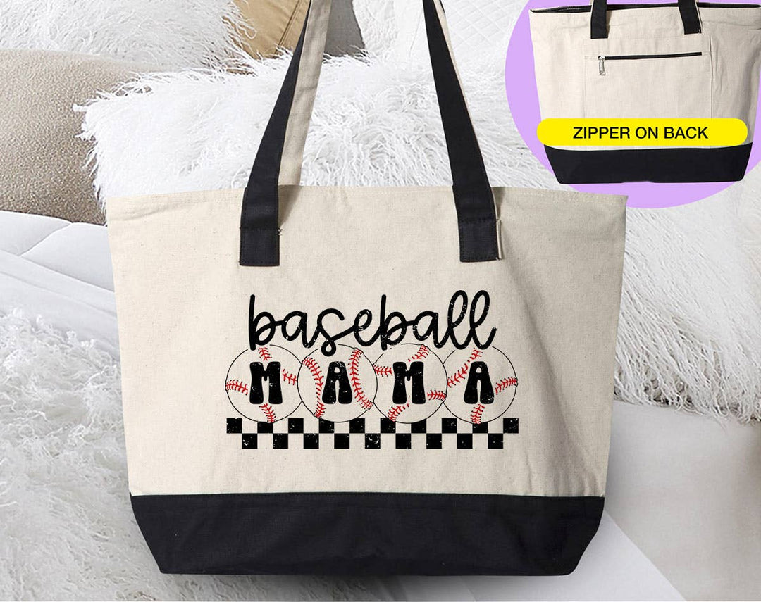 "Baseball Mama" design on a natural canvas zippered tote bag