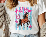 "Hold Your Horses Striped" design on a white unisex t-shirt