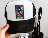 "The Stoner Tarot Skeleton" design on a mesh-back snapback trucker hat