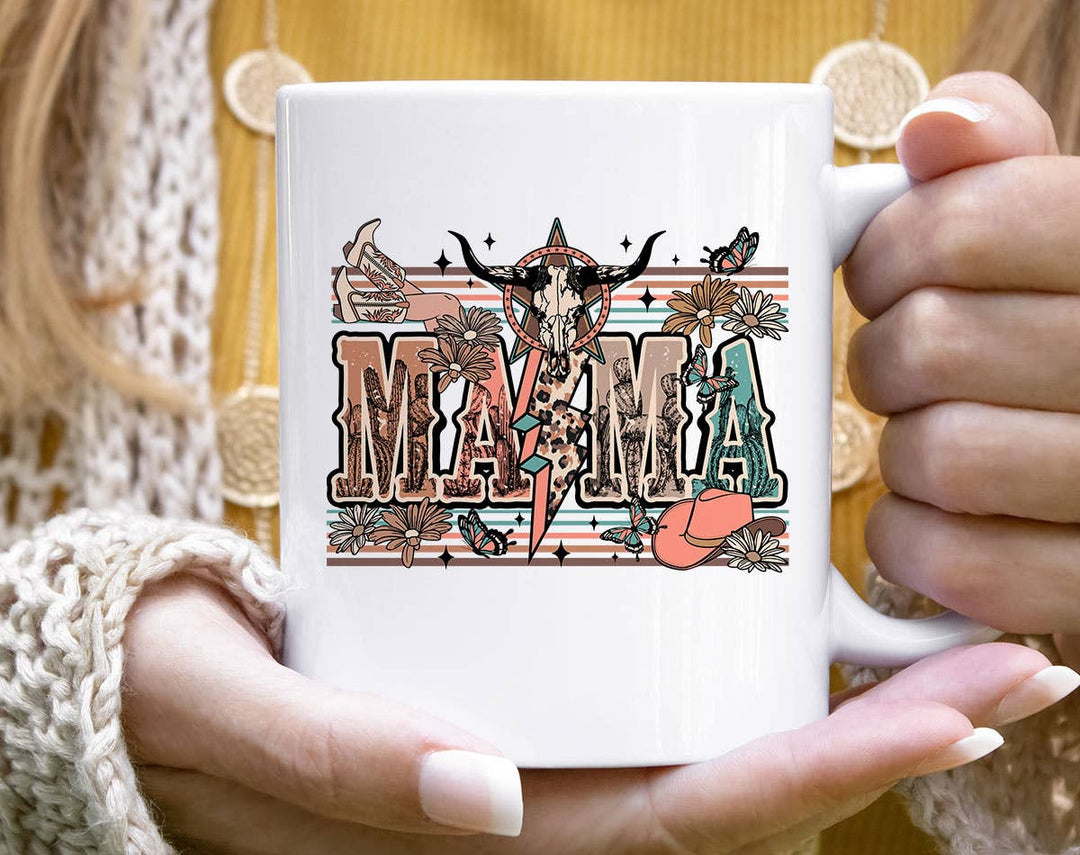 "Mama Western Lightning Bolt Boho" design on a white ceramic coffee mug