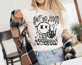 "Ain't No Hood Like Motherhood" design on a white unisex t-shirt
