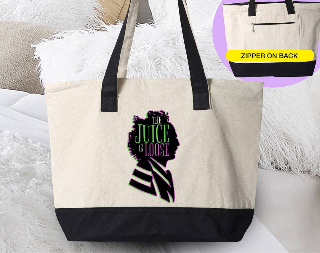 "The Juice Is Loose" design on a natural canvas zippered tote bag