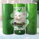 "Funny Irish Meme" design, alternate view, on a 20 oz skinny tumbler with lid and straw