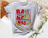 "That's Bananas Striped" design on a heather gray unisex t-shirt
