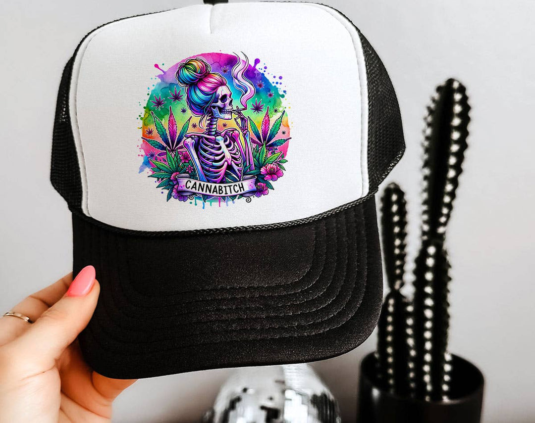 "Cannabitch Skeleton Hippie" design on a mesh-back snapback trucker hat